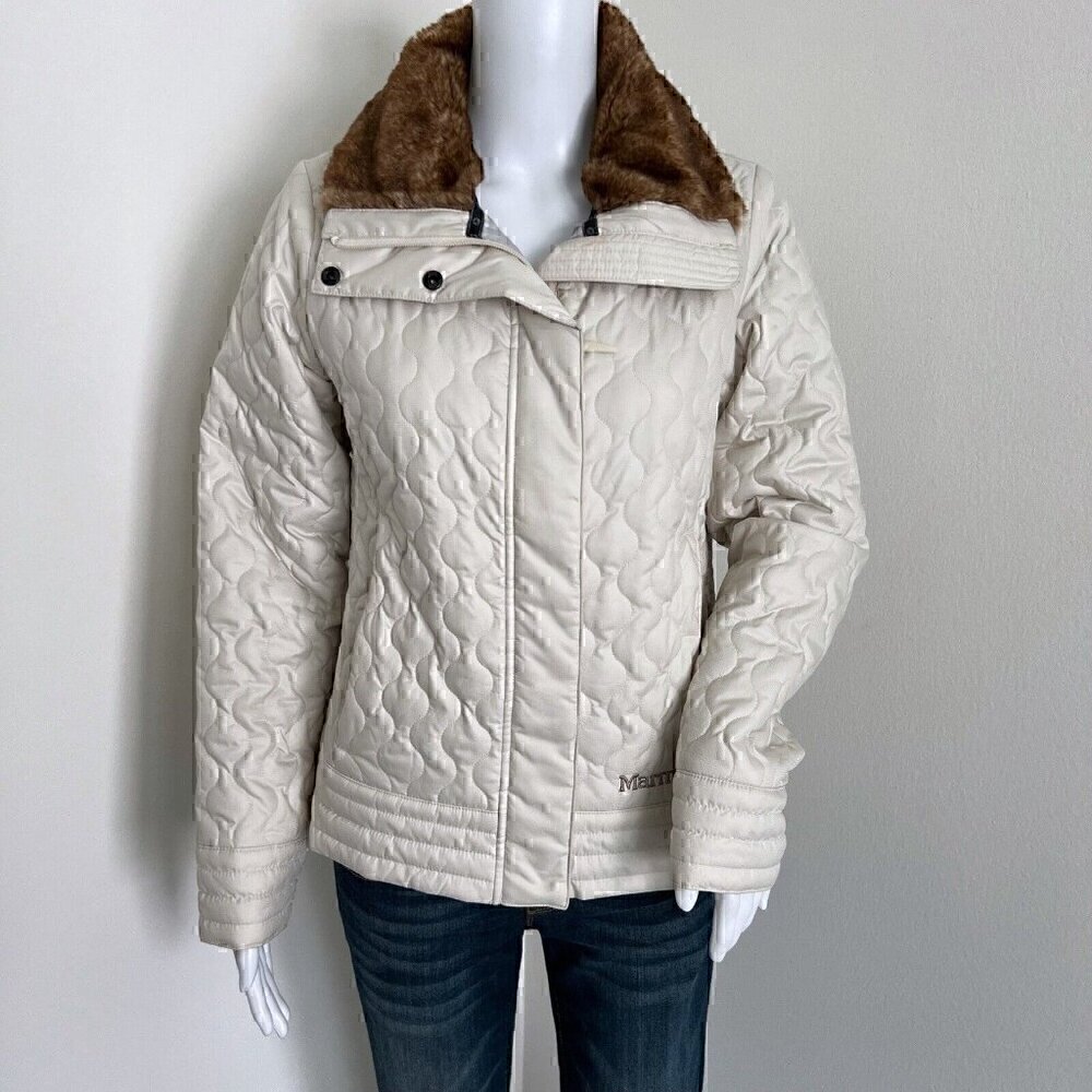 Marmot Women's St. Moritz Jacket Size M Faux Fur Collar Beige Quilted